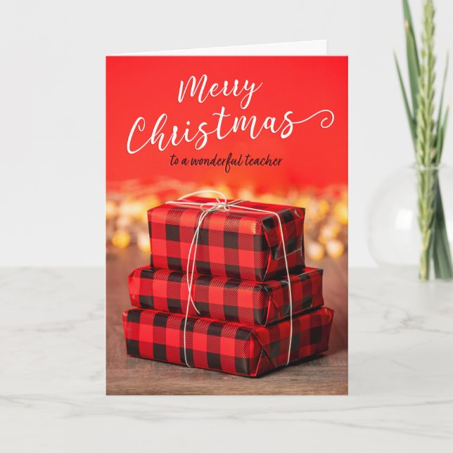 God Jul Lärare Presentstapel på Röd Helgkort (Framsida)