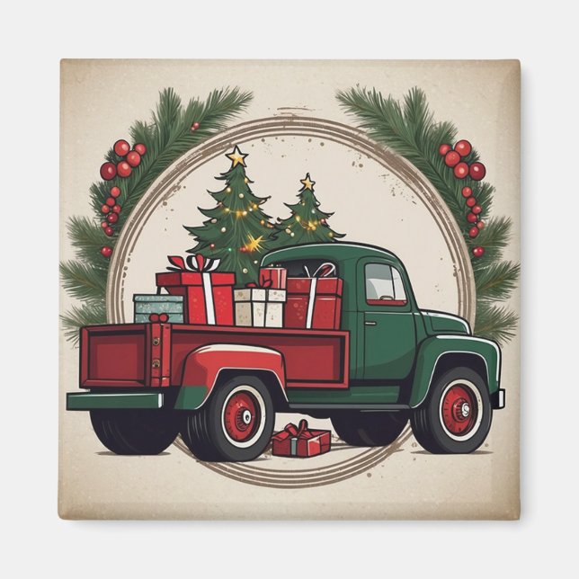 God jul Lastbil med Träd och gåvor Magnet (Framsidan)