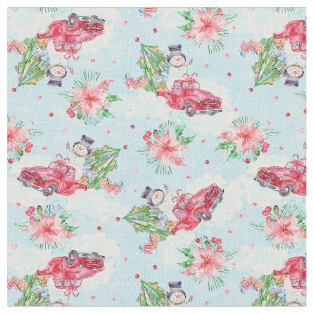 God jul, Lastbil Snögubbe Fabric Tyg (Närbild)