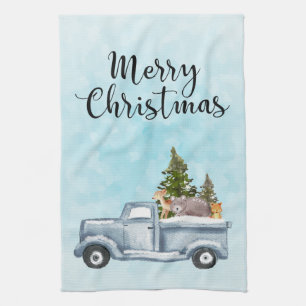 God jul Lastbil som transporterar Träd och djur Kökshandduk