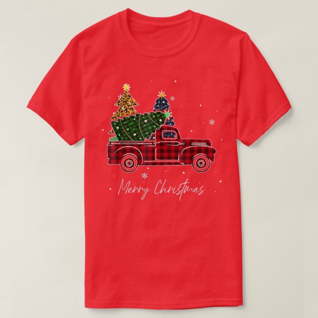 God jul Leopard Buffalo Lastbil Träd Red Pla T Shirt (Design framsida)