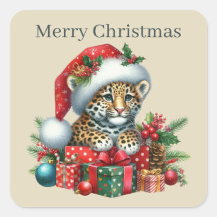 God jul leopard fyrkantigt klistermärke
