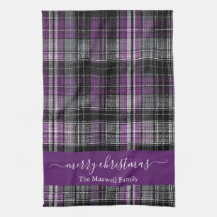 God Jul lila tartan-rutig skriptnamn Kökshandduk