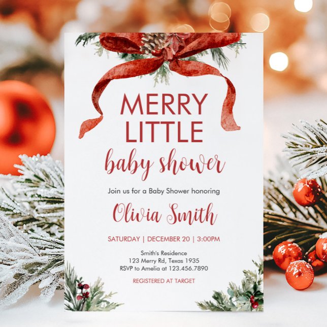 God jul, lilla babyskal inbjudningar (Red Bow Merry Little Christmas Baby Shower Invitation)
