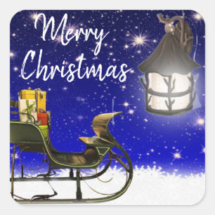 God jul Lit Lantern & Sled Fyrkantigt Klistermärke
