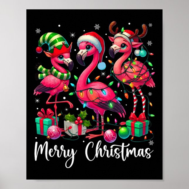 God jul Ljus Flamingo Santa Hat Snö Xma Poster (Framsidan)