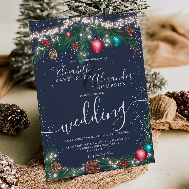God jul, ljus gräs gren snö bröllop inbjudningar (Festive Christmas lights pine branch snow wedding Invitation on blue)