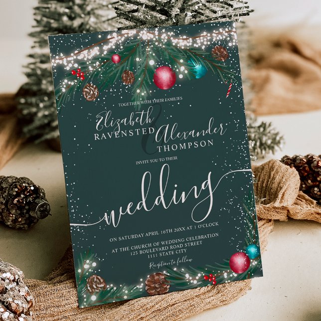 God jul, ljus gräs gren snö bröllop inbjudningar (Festive Christmas lights pine branch snow wedding Invitation on green)