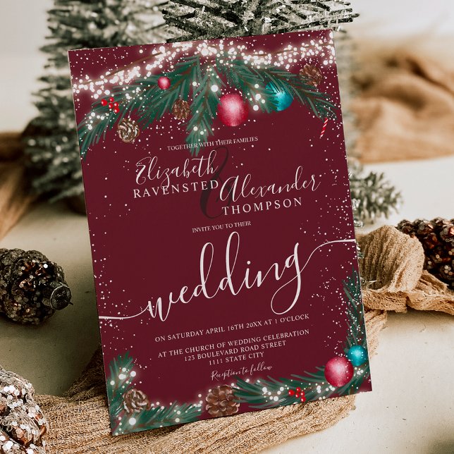 God jul, ljus gräs gren snö bröllop inbjudningar (Festive Christmas lights pine branch snow wedding Invitation on red)