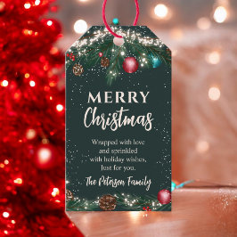 God jul, ljus gräs grenar snö grönten presentetikett