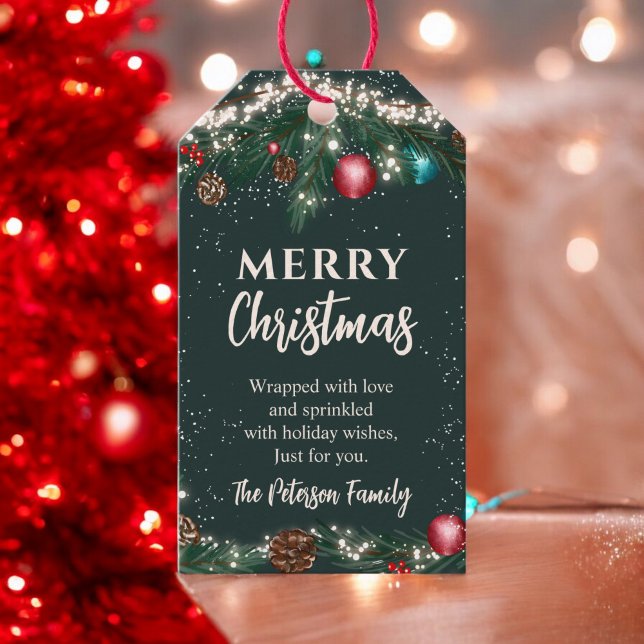 God jul, ljus gräs grenar snö grönten presentetikett (Festive Christmas lights pine branches snow green Gift Tags)