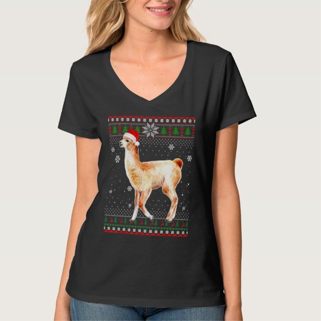 God jul Llama Hat Santa in Snö Ugly Swea T Shirt (Framsida)