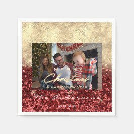 God jul Lycklig år Guld Fotoröd Glitter Pappersservett