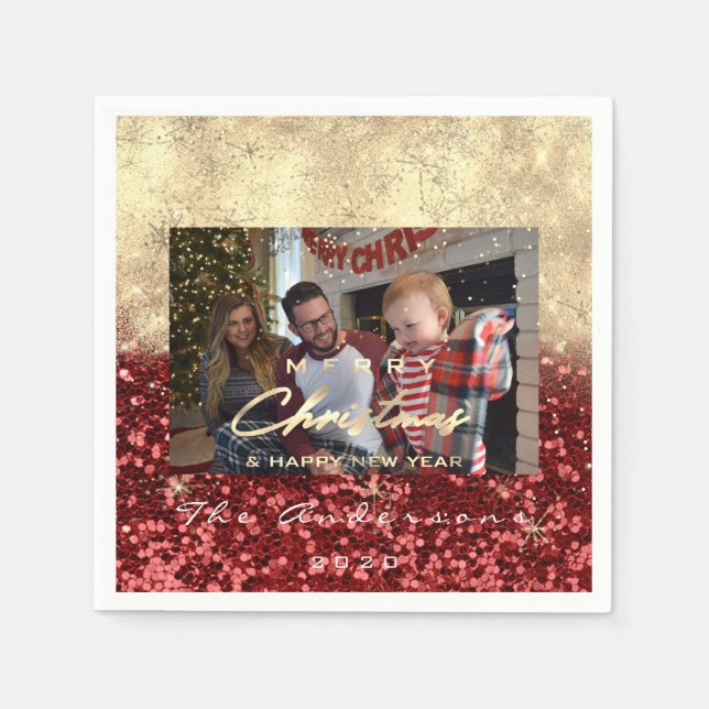 God jul Lycklig år Guld Fotoröd Glitter Pappersservett (Framsidan)