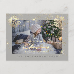 God jul Lycklig år Guld Snö Grått Foto på i Vykort