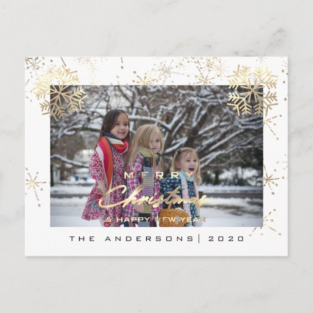 God jul Lycklig år Guld Snöflingor White Vykort (Framsida)