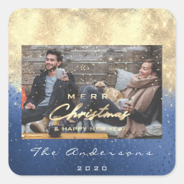 God jul Lycklig-årsstjärnor Blue Guld Photo Fyrkantigt Klistermärke