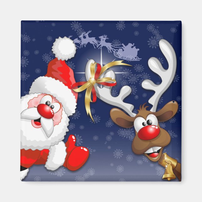 God jul Lycklig Santa och Reindeer Magnet (Framsidan)
