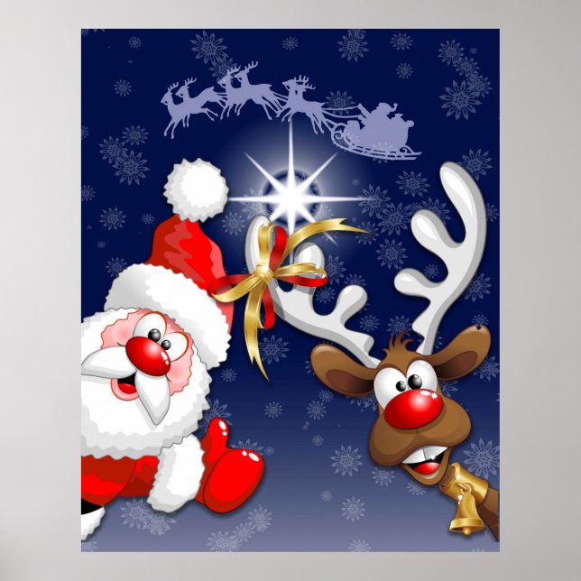 God jul Lycklig Santa och Reindeer Poster (Framsidan)