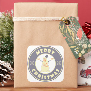 God jul lycklig snögubbe berömd kaffe stil fyrkantigt klistermärke