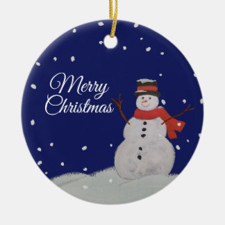 God jul Lycklig Snögubbe i snö. Julgransprydnad Keramik