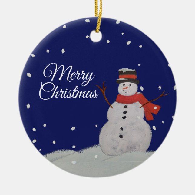 God jul Lycklig Snögubbe i snö. Julgransprydnad Keramik (Framsidan)
