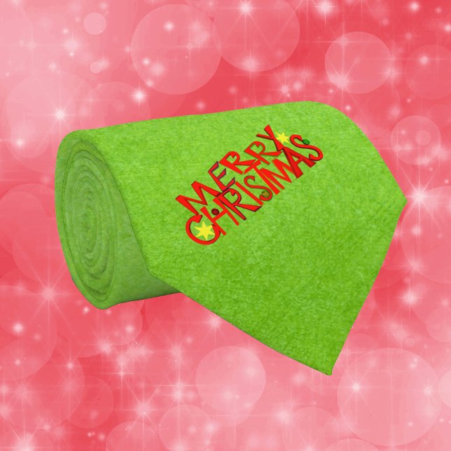 God Jul Lysröda Bokstäver stjärnor Grön Slips (Green mens necktie with festive Merry Christmas tex in bold red letters gold stars.)