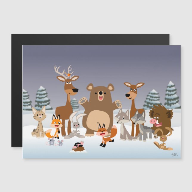 God jul! Magnetiskt kort för cute Forest Animals (Fram/baksida)