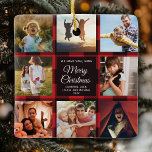 God jul Mamma Red Play Family Photo Collage Julgransprydnad Keramik<br><div class="desc">Perfekt-gåva till Helgdagarna: Ett modernt trendig Instagram Photo Collage-ornament med personlig-meddelande och 8 favoritfamiljefotografier på en röd buffelbakgrund. Gör det till en keepy-present till din mamma,  pappa,  syster,  moster eller någon annan familjemedlem eller vän - det ger ett leende till deras ansikte i åratal till komen. God jul!</div>
