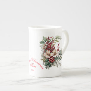 God jul Mamma White Red Grönt Blommigt Benporslin Mugg
