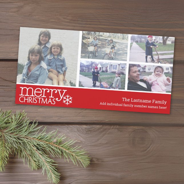 God jul med 5 fotokollage - röd chevron julkort (Add 5 photos to this classic photo card that can be printed or sent out to friends and family.)