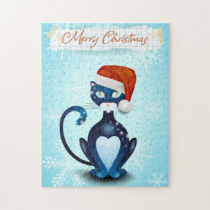 God jul med Black Cat med jultomten Pussel