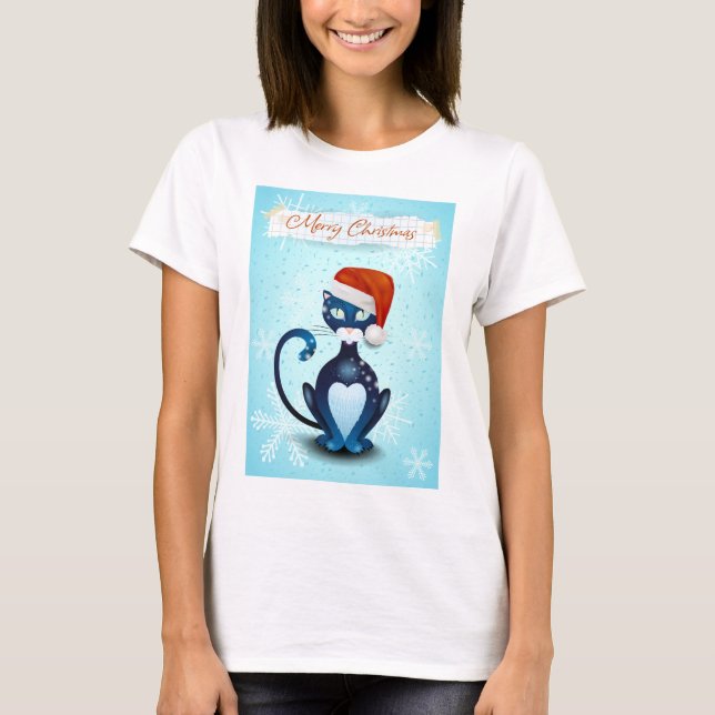 God jul med Black Cat med jultomten T Shirt (Framsida)