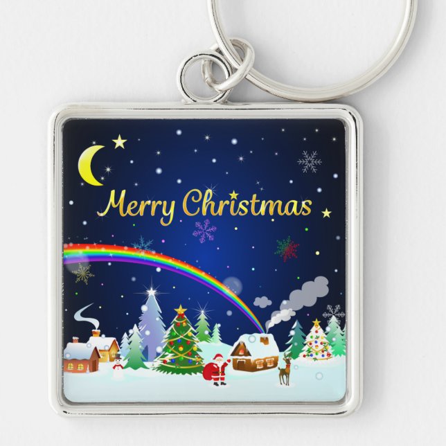 God jul med Crescent Måne Fyrkantig Silverfärgad Nyckelring (Framsidan)