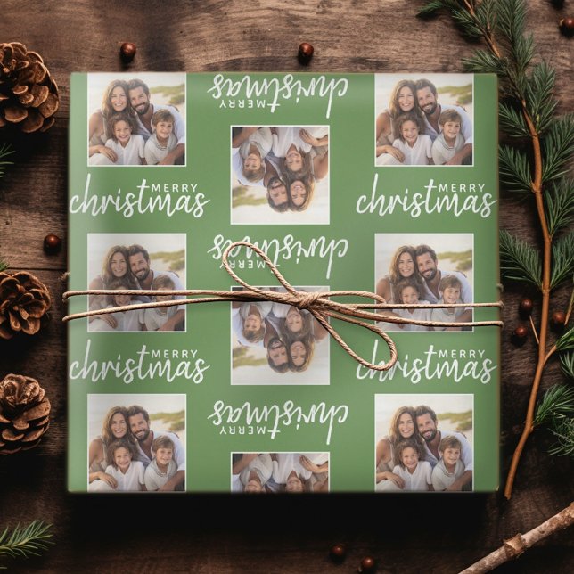 God Jul med en fyrkantig bild - grön Presentpapper (Personalized Christmas Wrapping Paper - Add a photo to this festive design!)