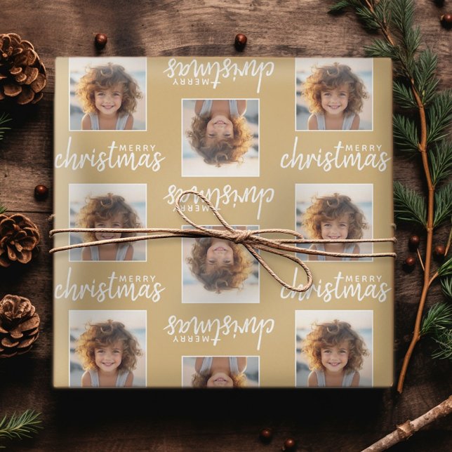 God Jul med en fyrkantig bild - guld Presentpapper (Personalized Christmas Wrapping Paper - Add a photo to this festive design!)