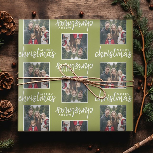 God Jul med en fyrkantig bild - limegrön Presentpapper (Personalized Christmas Wrapping Paper - Add a photo to this festive design!)