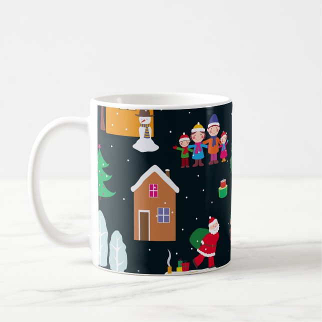 God jul med en glad familj och snöig kaffemugg (Vänster)