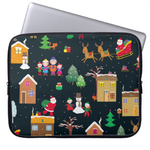 God jul med en glad familj och snöig laptop fodral