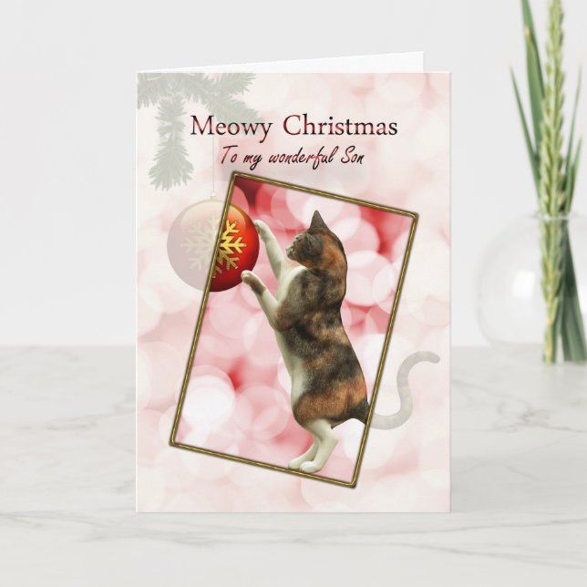 God jul med en lekfull katt. helgkort (Framsida)