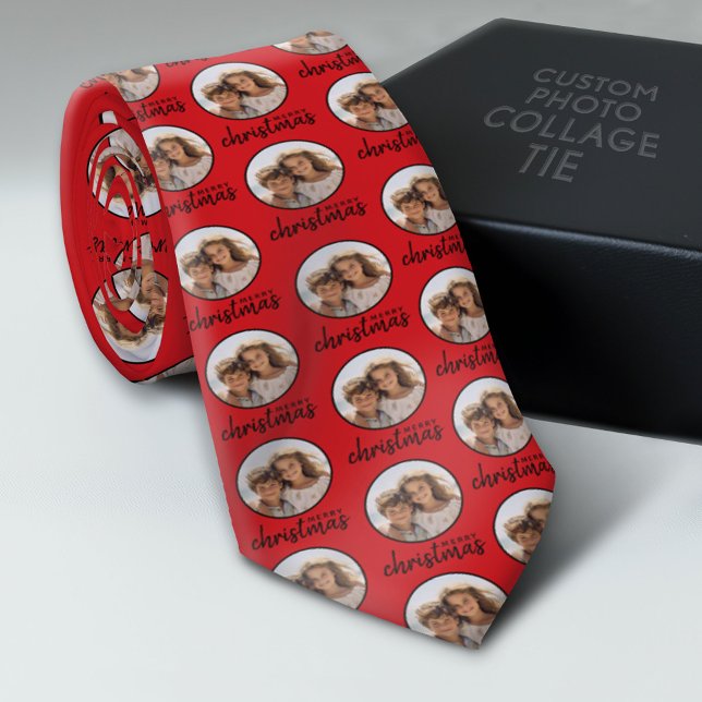 God jul med ett cirkelfoto - röd svart slips (Photo Collage Neck Tie - Add Your Favorite Photos)