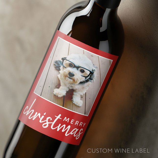 God jul med ett fyrkantigt foto - rött vinflaska etikett (Custom Wine Bottle Label - Personalize a Sticker for a fun gift or memento)
