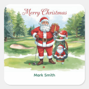 God jul med Jultomten på golfbanan Fyrkantigt Klistermärke
