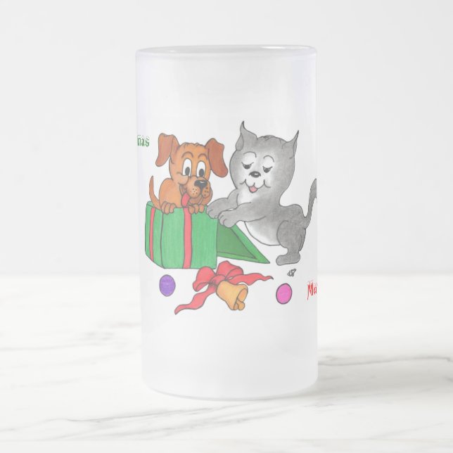God jul med katt och valp frostat ölglas (Center)