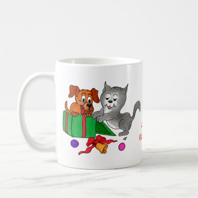 God jul med katt och valp kaffemugg (Vänster)