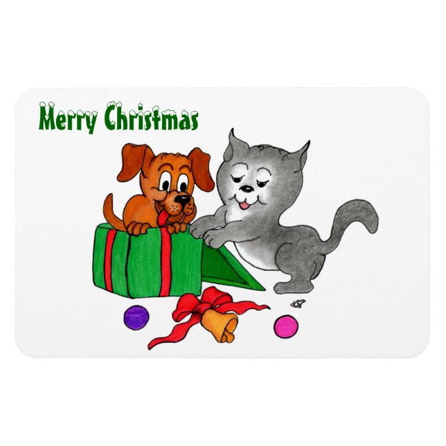 God jul med katt och valp magnet (Horisontell)