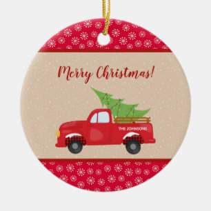 God jul med Lastbil och Träd, Namn i familjen Julgransprydnad Keramik