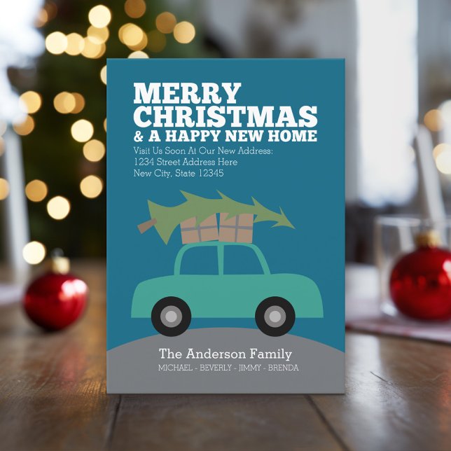 God jul med ny Flytta i Adress Julkort (Holiday Moving Card with New Address and Cute Car carrying Christmas Tree)