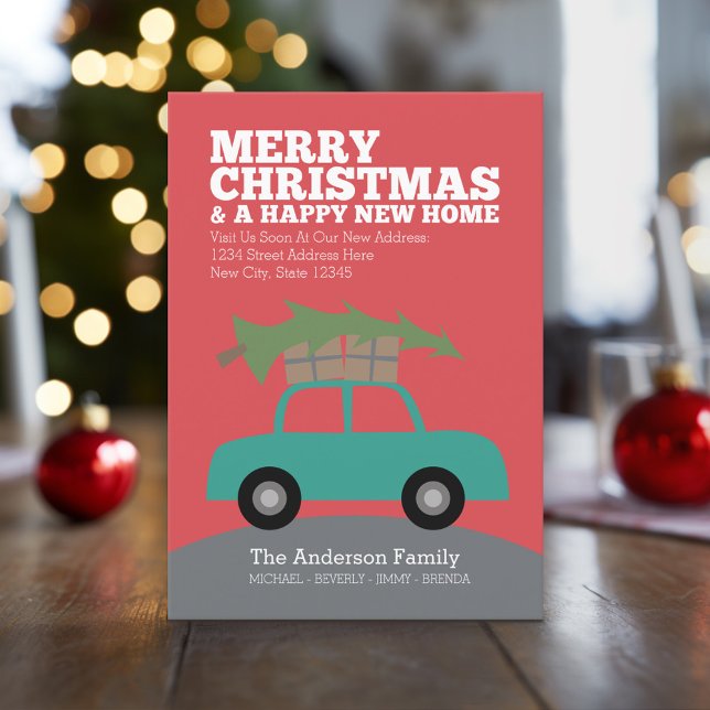 God jul med ny Flytta i Adress Julkort (Holiday Moving Card with New Address and Cute Car carrying Christmas Tree)
