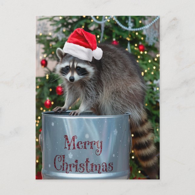 God jul med Raccoon Santa Scene Helg Vykort (Framsida)